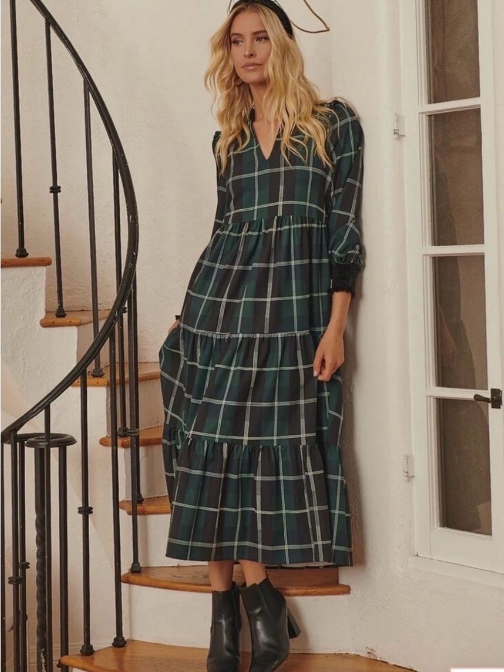 Sugarlips Sweet Beyond Plaid Sherril Long Sleeve Maxi Dress Tiered Green S NWT